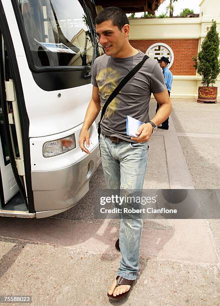 John Aloisi of Australia leaves the team hotel with fellow members of the Australian Socceroos at the Sheraton Hotel on July 22, 2007 in Hanoi, Viet...