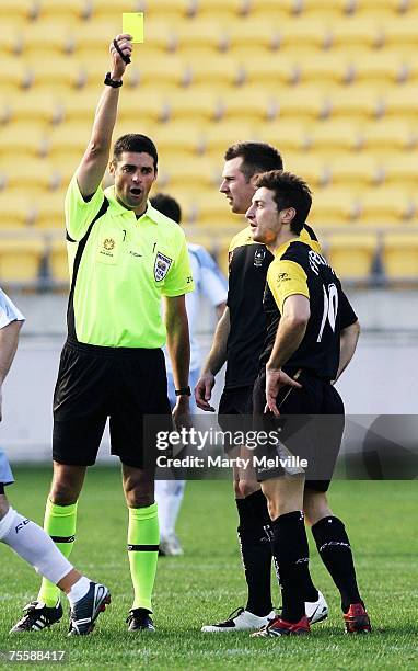 Michael Ferrante of the Phoenix gets a yellow card during the A-League Pre-Season Cup match between the Wellington Phoenix and Sydney FC at Westpac...