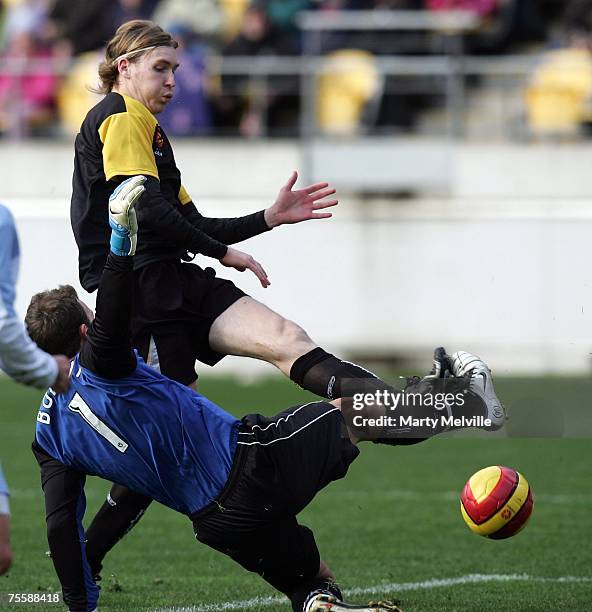 Karl Dodd of the Phoenix gets a shot at goal blocked by keeper Clint Bolton of Sydney during the A-League Pre-Season Cup match between the Wellington...