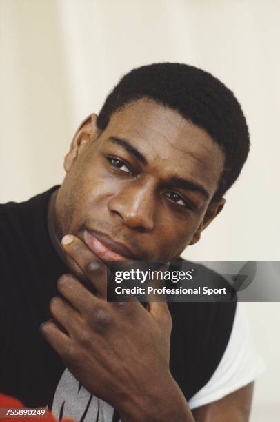 English professional heavyweight boxer and former European heavyweight title holder, Frank Bruno posed circa 1987.