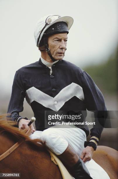 English jockey Lester Piggott pictured after coming out of retirement to resume his racing career as a jockey at a horse race meeting at Leicester...