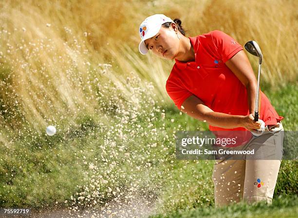 Seon Hwa Lee of Korea hits from the bunker on the 10th hole during the semifinal round of the HSBC Women's World Match Play at Wykagyl Country Club...