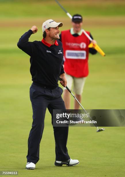 Padraig Harrington of Ireland celebrates with his caddie Ronan Flood after defeating Sergio Garcia of Spain in the playoff to win The 136th Open...