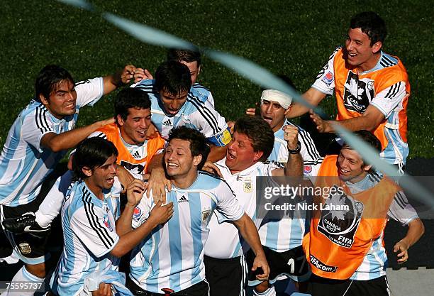 Mauro Zarate of Argentina celebrates scoring the winning goal with team mates against the Czech Republic during the Fifa U-20 World Cup Canada 2007...