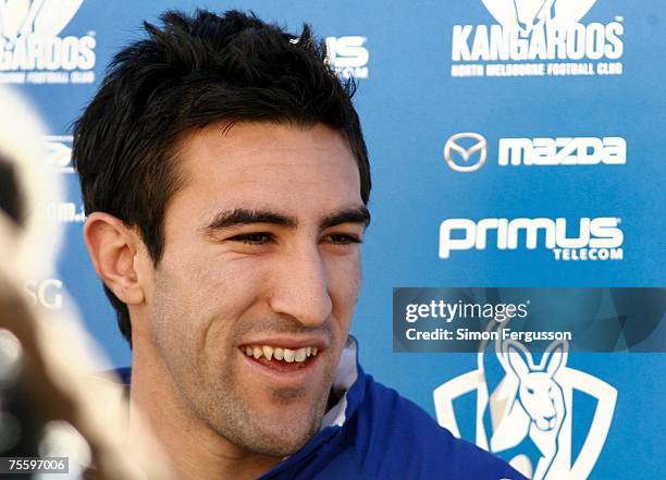 Michael Firrito speaks to media the during the Kangaroos AFL recovery session at St Kilda Sea Baths on July 23, 2007 in Melbourne, Australia.