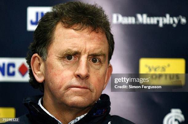 Denis Pagan speaks at a Carlton Blues AFL press conference at MC Labour Park on July 23, 2007 in Melbourne, Australia. Carlton today sacked Pagan as...