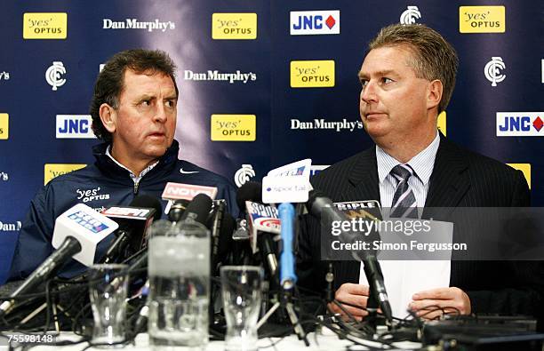 Denis Pagan and Carlton chief executive Greg Swann speak at a Carlton Blues AFL press conference at MC Labour Park on July 23, 2007 in Melbourne,...