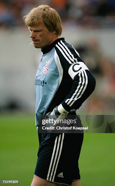 Goalkeeper Oliver Kahn looks on during the Premiere Liga Cup match between Werder Bremen and Bayern Munich at the LTU Arena on July 21, 2007 in...