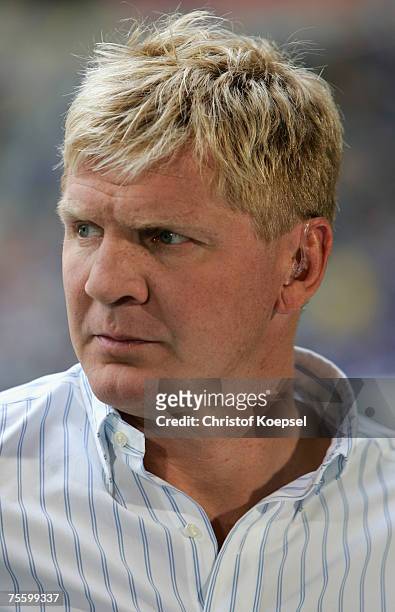 Stefan Effenberg looks on during the Premiere Liga Cup match between FC Schalke 04 and Karlsruher SC at the LTU Arena on July 21, 2007 in...