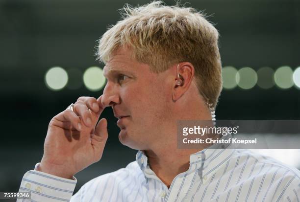 Stefan Effenberg looks thoughtful during the Premiere Liga Cup match between FC Schalke 04 and Karlsruher SC at the LTU Arena on July 21, 2007 in...