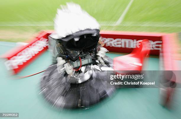 Camera of Premiere is seen during the Premiere Liga Cup match between FC Schalke 04 and Karlsruher SC at the LTU Arena on July 21, 2007 in...