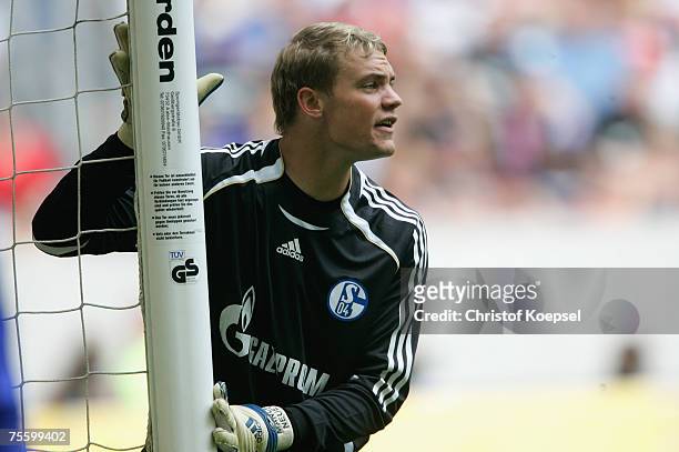 Manuel Neuer of Schalke looks on during the Premiere Liga Cup match between FC Schalke 04 and Karlsruher SC at the LTU Arena on July 21, 2007 in...
