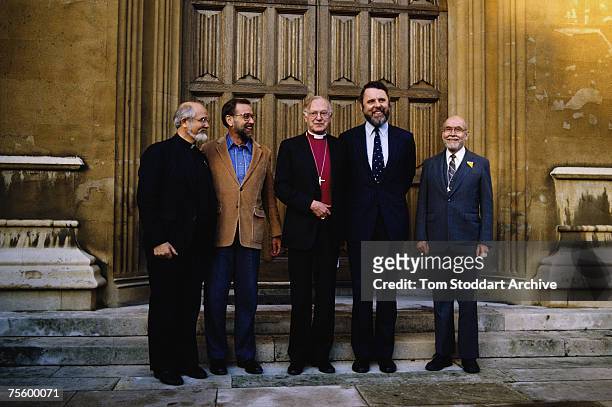 Archbishop of Canterbury's special envoy Terry Waite poses with freed hostages David Jacobsen and Lawrence Jenco , as well as the Archbishop himself,...