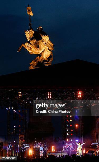 Band performs at the first "Green Flag - Erdos Grassland Rock Music Festival" near the Mausoleum of Genghis Khan on July 20, 2007 in Erdos of Inner...