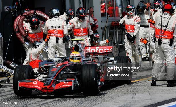 Lewis Hamilton of Great Britain and McLaren Mercedes in the pits during the European Grand Prix at Nurburgring on July 22, 2007 in Nurburg, Germany.