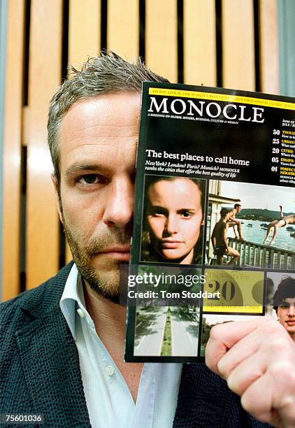Tyler Brule photographed with his new magazine, Monocle, at his office in Marylebone, Central London.