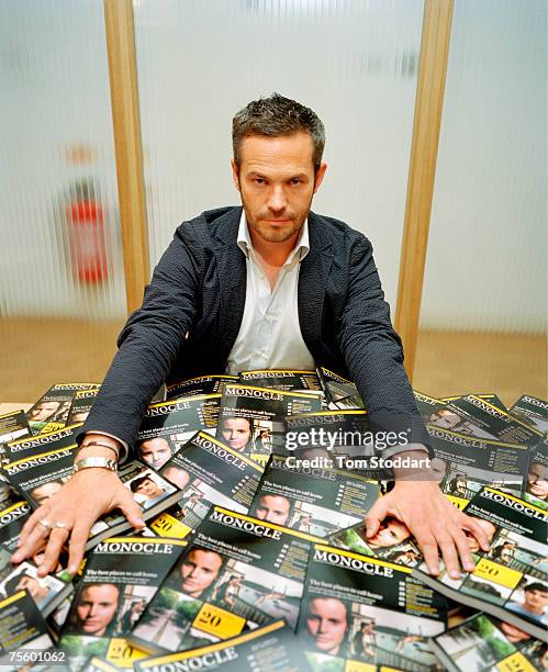 Tyler Brule photographed with his new magazine, Monocle, at his office in Marylebone, Central London.
