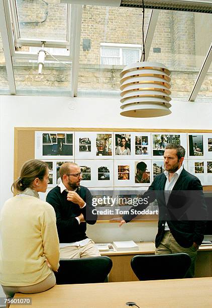 Tyler Brule in conversation with senior staff members of his new magazine, Monocle, at the office in Marylebone, Central London.