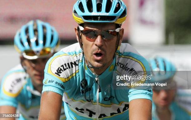 Andreas Kloeden of Germany and Team Astana reacts as he crosses the line of the stage fifteen of the Tour de France from Foix to Loudenvielle on July...
