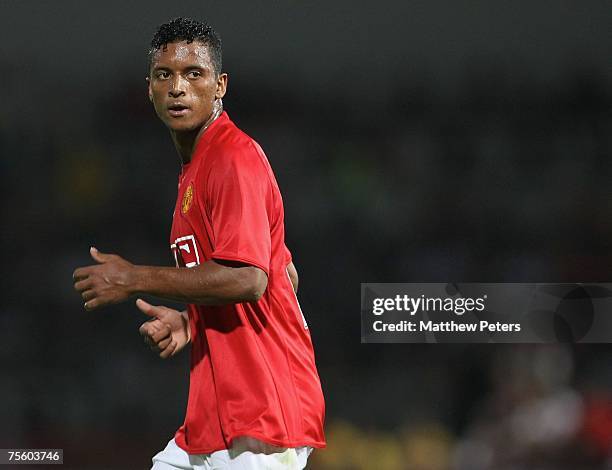 Nani of Manchester United in action during a pre-season friendly match against Shenzhen FC during the club's Asia Tour at Macau Stadium on July 23...