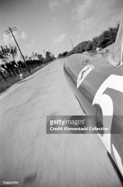 The view from Peter Collins' Ferrari at 180 mph on the way to Brescia from Maranello during the Mille Miglia, May 1957.