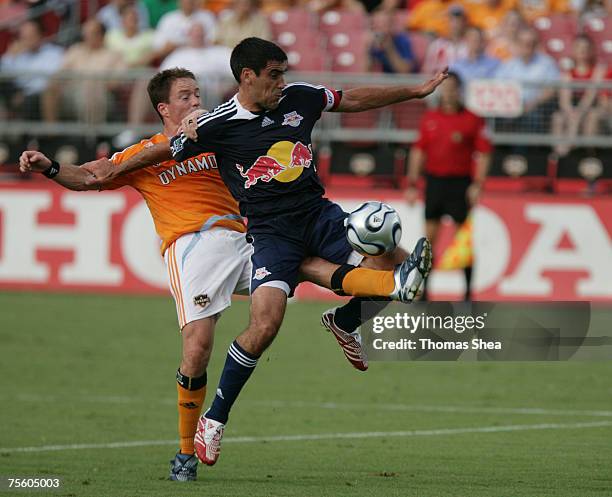 Houston Dynamo Richard Mulrooney against New York Red Bulls Claudio Reyna in the first half on July 5 2007 at Robertson Stadium in Houston, Texas.