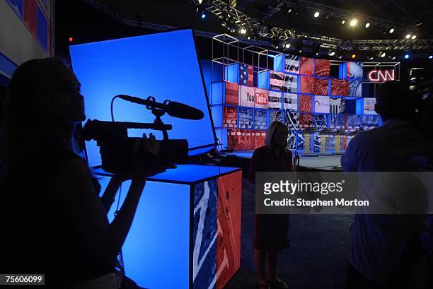 Journalist tapes the YouTube-CNN Presidential Debate stage on July 23, 2007 in Charleston, South Carolina. The two-hour broadcast featuring all eight...