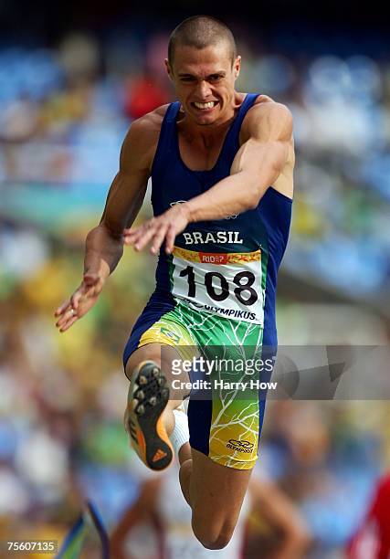 Carlos Chinin of Brazil looks at his distance after competing in the Long Jump portion of the Decathlon event during the 2007 XV Pan American Games...