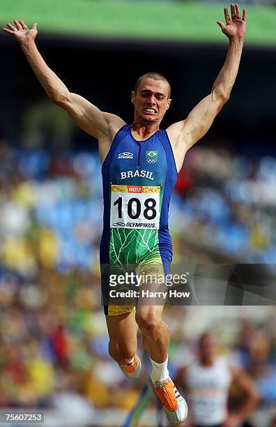 Carlos Chinin of Brazil looks at his distance after competing in the Long Jump portion of the Decathlon event during the 2007 XV Pan American Games...