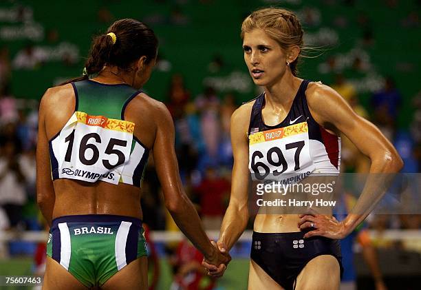 Bronze medalist Luceilia Peres of Brazil congratulates gold medalist Sara Slattery of the United States of America after they competed in the Women's...