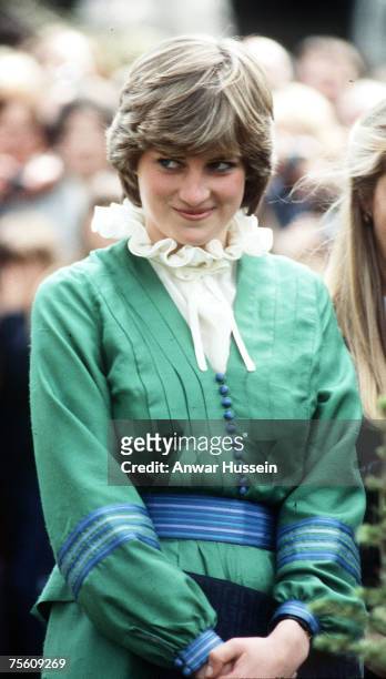 Lady Diana Spencer, wearing a green dress with a pie crust frill collar, during a visit to Broadlands, the former home of Earl Mountbatten, on May 9,...