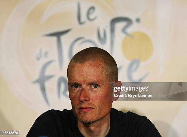 Michael Rasmussen of Denmark and Rabobank talks to the media during a rest day press conference for the 2007 Tour de France, on July 24, 2007 in Pau,...