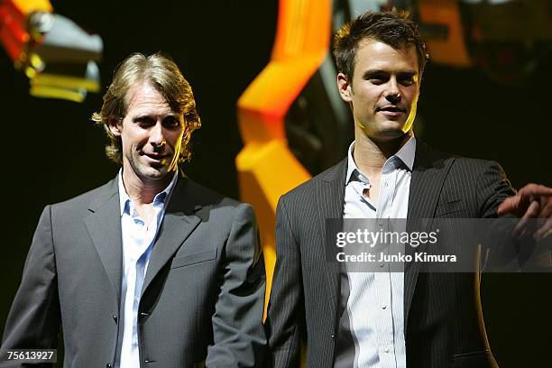 Director Michael Bay and actor Josh Duhamel attend the 'Transformers' Japan Premiere at Big Sight on July 24, 2007 in Tokyo, Japan. The film will...