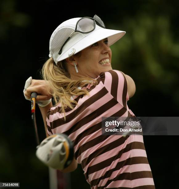 Australian golfer Anna Rawson tees off on the 4th hole during the first round of the Australian Women's Open Golf Championship at Royal Sydney on...