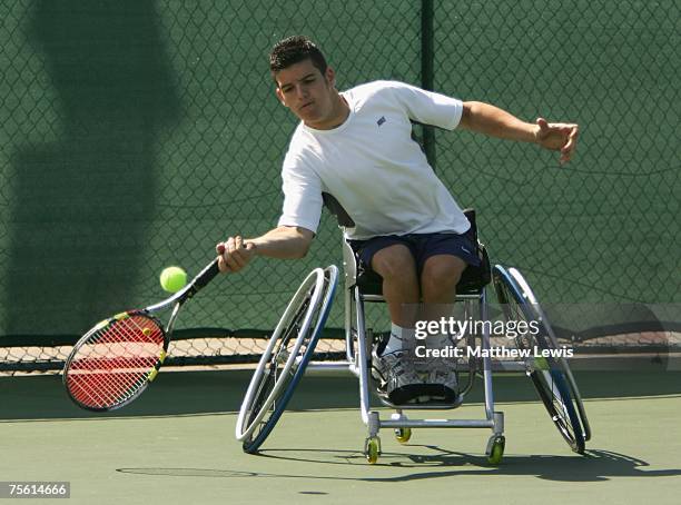 David Phillipson of Great Britain in action against Tom Egberink of the Netherlands during the British Open Wheelchair Championships at the...