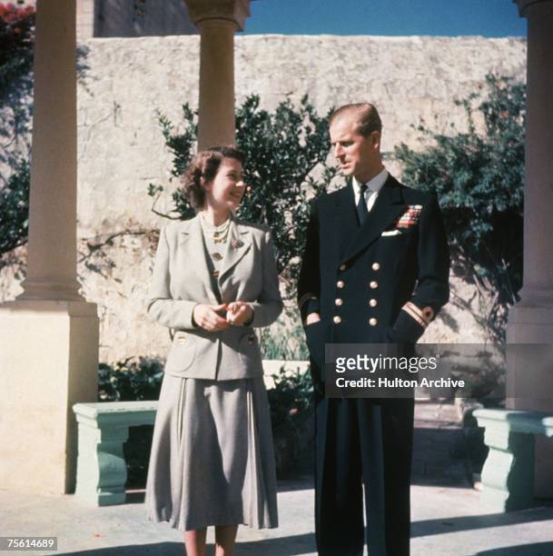 Princess Elizabeth and her husband Prince Philip, Duke of Edinburgh at the Villa Guardamangia in Malta, where he is stationed with the Royal Navy,...