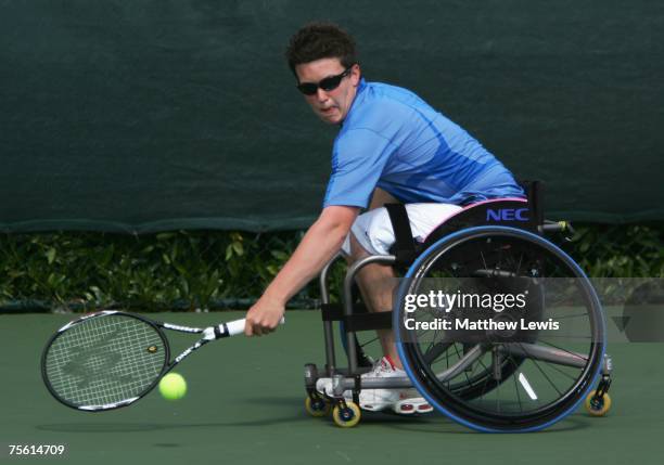 Gordon Reid of Great Britain in action against Maikel Scheffers of the Netherlands during the British Open Wheelchair Championships at the Nottingham...