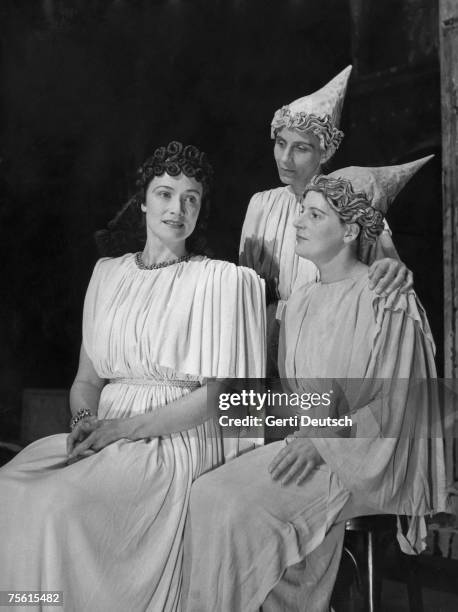 English operatic contralto Kathleen Ferrier with Anna Pollak and Margaret Ritchie in rehearsals for Glyndebourne's first production of 'The Rape of...