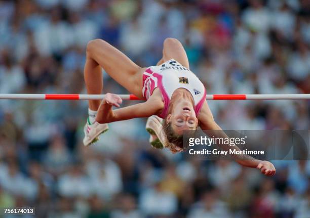 Heike Henkel of Germany clears the bar during the Women's High Jump event at the IAAF World Athletic Championships on 31 August 1991 at the Olympic...