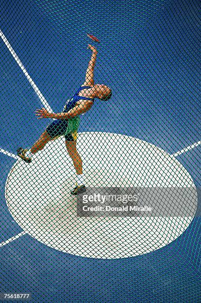 Carlos Chinin of Brazil competes in the discus throw portion of the Men's Decathlon during the 2007 XV Pan American Games at the Joao Havelange...