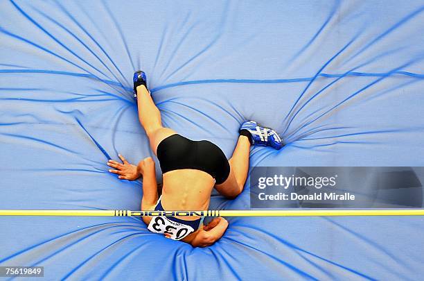 Daniela Crespo of Argentina lands after her attempt in the High Jump portion of the Heptathlon event during the 2007 XV Pan American Games at the...