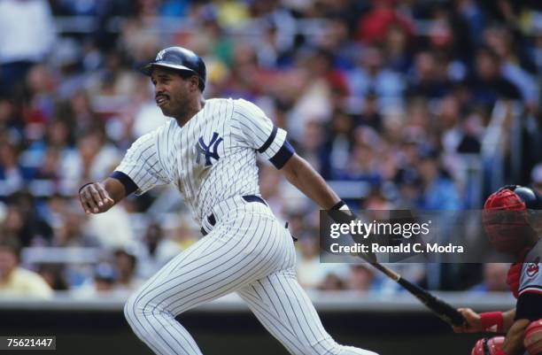 Dave Winfield of the New York Yankees batting against the Cleveland Indians on April 27, 1986 at Yankee Stadium the the Bronx, New York.