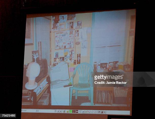 An evidence photo of Lana Clarkson's home is displayed during Music producer Phil Spector's murder trial at Los Angeles Superior Court July 24, 2007...