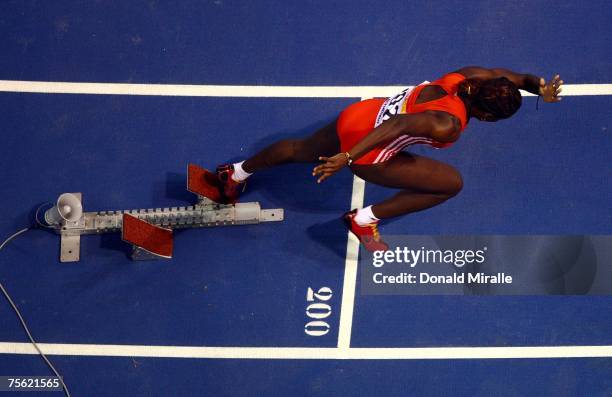 Natoya Baird of Trinidad and Tobago starts the Women's 200 meter portion of the Heptathlon event at the 2007 XV Pan American Games at the Joao...