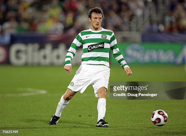 Lee Naylor of Glasgow Celtic FC plays the ball forward during the 2007 Sierra Mist MLS All-Star Game against the MLS All-Stars at Dick's Sporting...