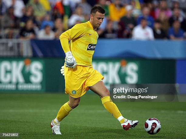 Goalkeeper Artur Boruc of Glasgow Celtic FC plays the ball off his foot during the 2007 Sierra Mist MLS All-Star Game against the MLS All-Stars at...