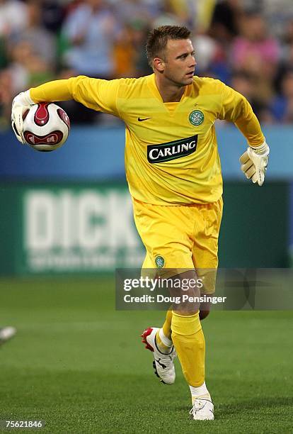 Goalkeeper Artur Boruc of Glasgow Celtic FC looks to throw the ball into play during the 2007 Sierra Mist MLS All-Star Game against the MLS All-Stars...