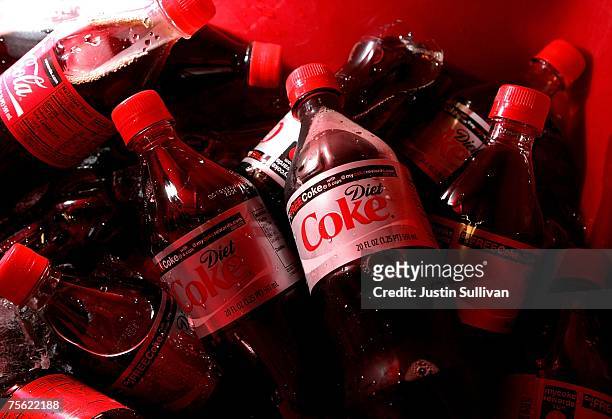 Bottles of Diet Coke are chilled in a cooler before the start of the baseball game with the San Francisco Giants and the Atlanta Braves at AT&T Park...