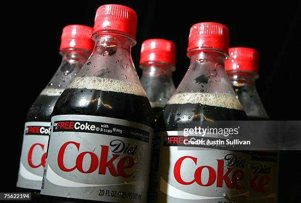 Bottles of Diet Coke are displayed before the start of the baseball game with the San Francisco Giants and the Atlanta Braves at AT&T Park July 24,...