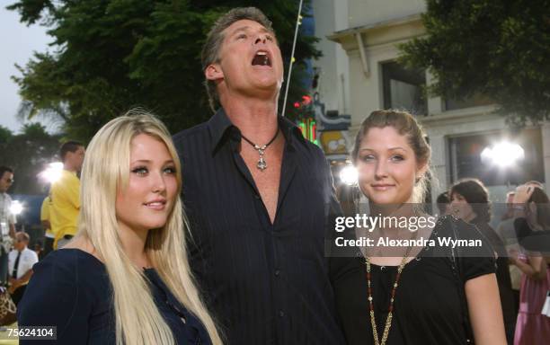 David Hasselhoff and his daughters Hayley Hasselhoff and Taylor Hasselhoff at the "The Simpsons Movie" premiere at The Mann Village Theaters on July...